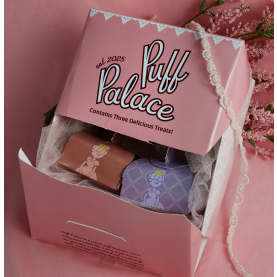 Puff Palace custom pink cake and pastry boxes
